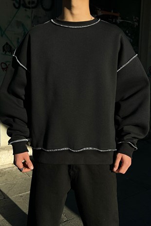 Flaw Atelier Kontrast Dikiş Siyah Oversize Sweatshirt