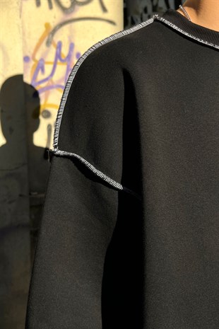 Flaw Atelier Kontrast Dikiş Siyah Oversize Sweatshirt