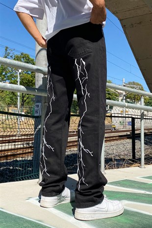 Flaw Atelier Lightning Printed Siyah Regular Fit Jean