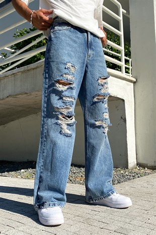Ripped Detail Mavi Baggy Jean