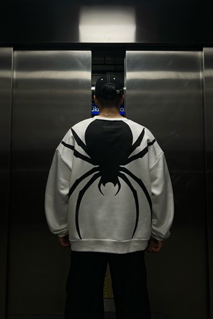 Rv Spider Sırt Baskılı Beyaz Oversize Sweatshirt