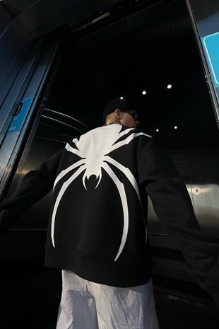 Rv Spider Sırt Baskılı Siyah Oversize Sweatshirt