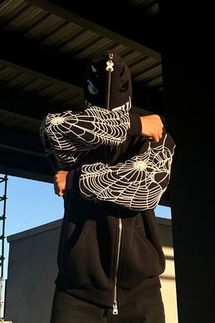 Rv Spider Web Full Zip Siyah Oversize Sweatshirt
